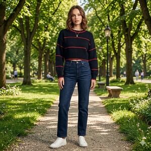 Neema California Black Pink Striped Cropped Chunky Knit Sweater Womens Size M